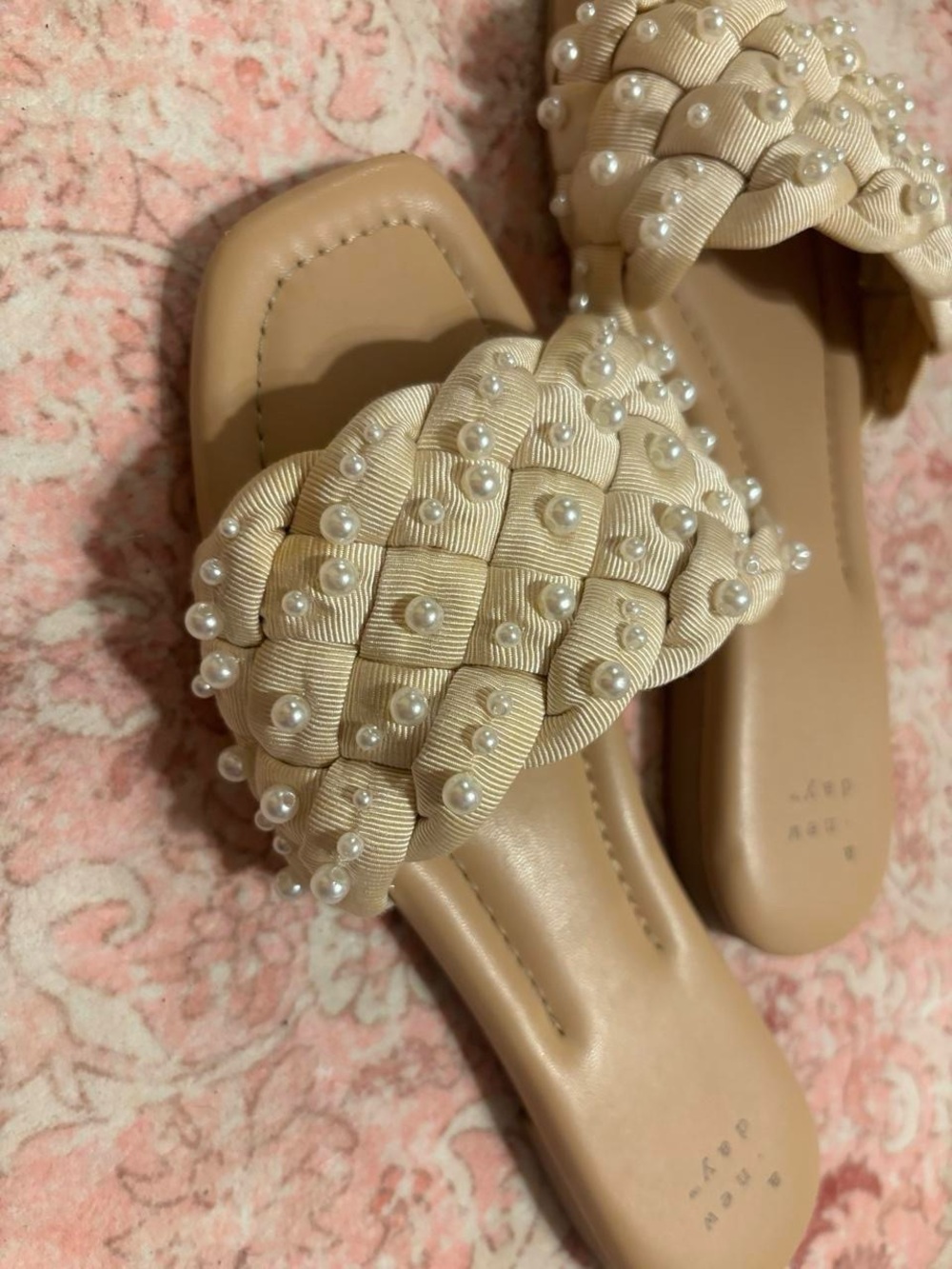 a new day Beige Pearl-Embellished Woven Slide Mules